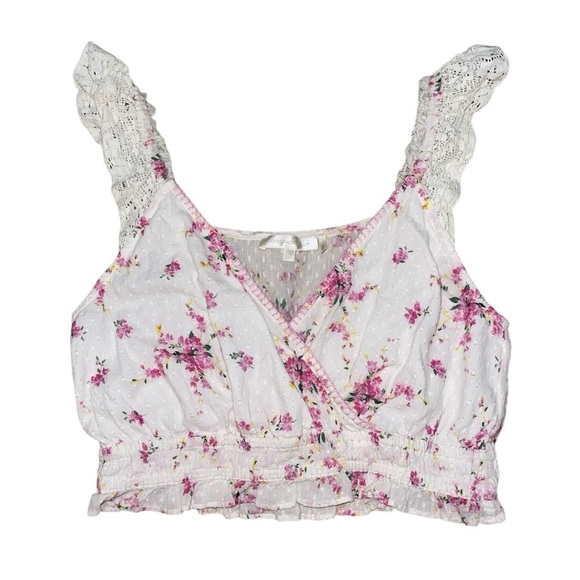 LoveShackFancy Tops - Love Shack Fancy white pink floral lace crochet sleeve crop tank women’s size L